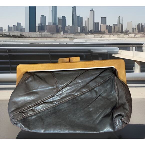 Vintage 1970’s Black Leather Patchwork Clutch Purse Hong Kong Bakelite Handle - Picture 1 of 9